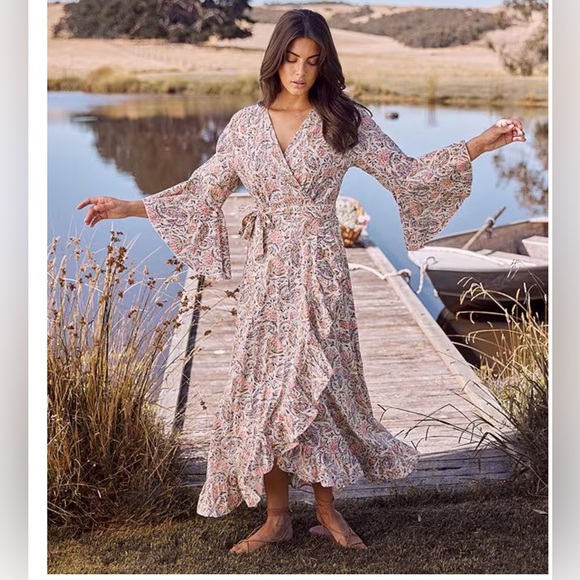 TALISMAN Vintage Lotus Floral Print Ruffle Detail Carly Wrap Dress Size Large - Picture 1 of 16